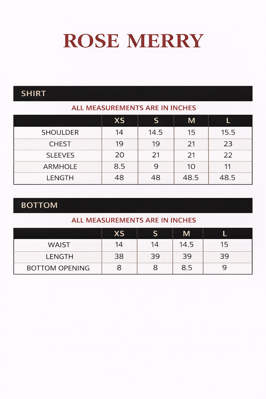 Size chart for Rose Merry – Printed Swiss Silk 3Pc Suit