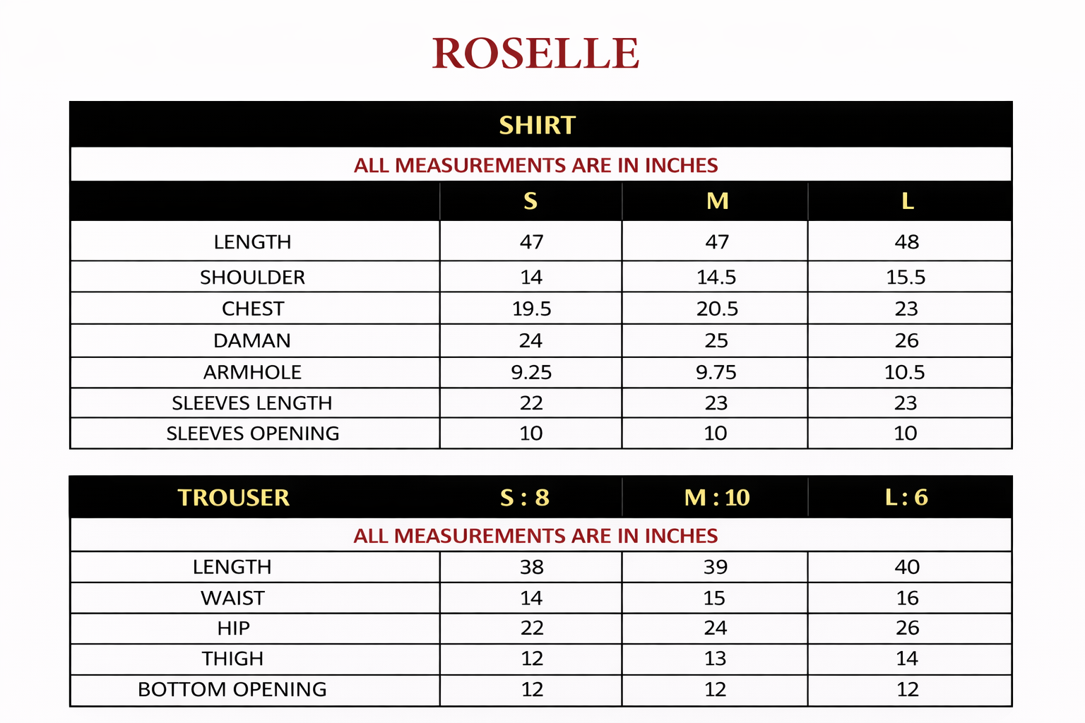 Size chart for ROSELLA – EMBELLISHED SHISHA SILK SET