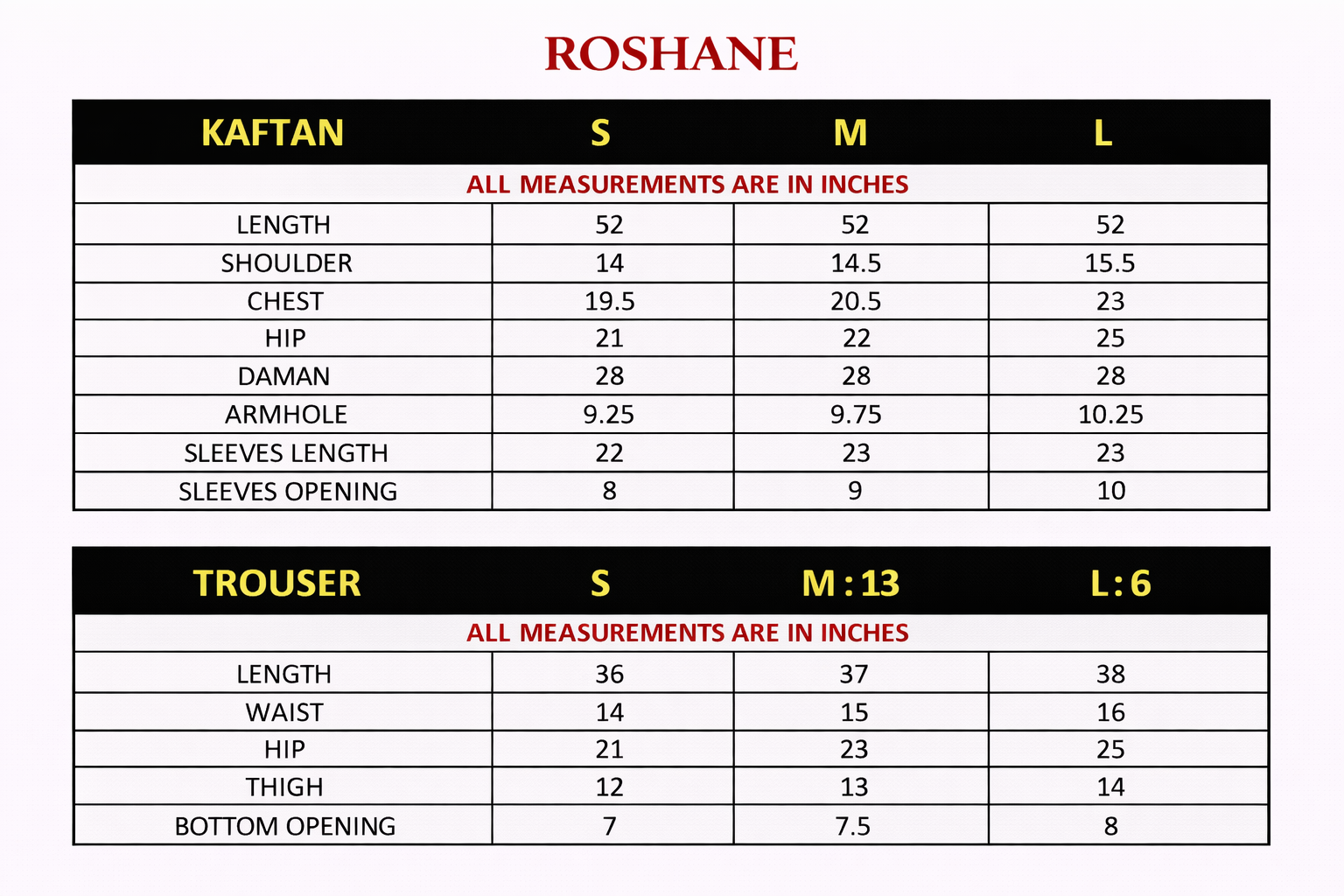 Size chart for Roshane – Embroidered Raw Silk Kaftan Set