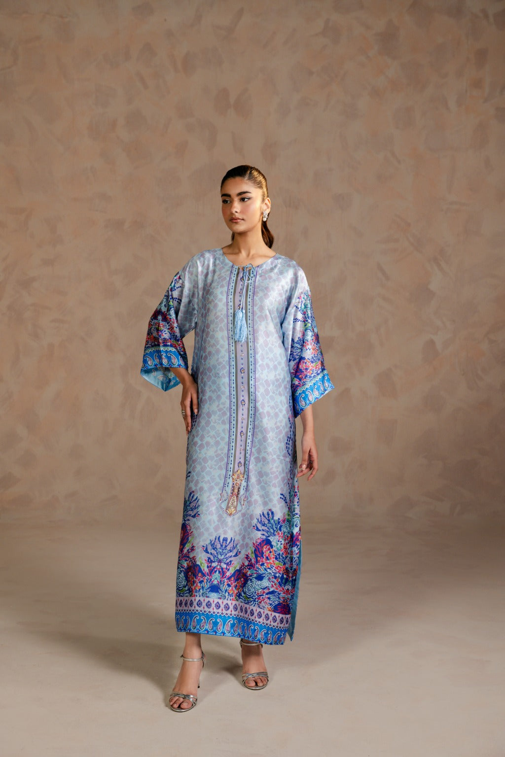 SAHARE Charmeuse kaftan set with Zardozi embroidery by Zehnaz