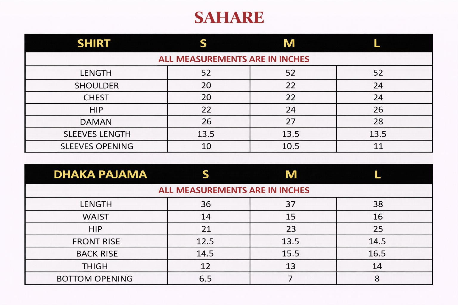 Size chart for SAHARE – Charmeuse Kaftan Set with Zardozi