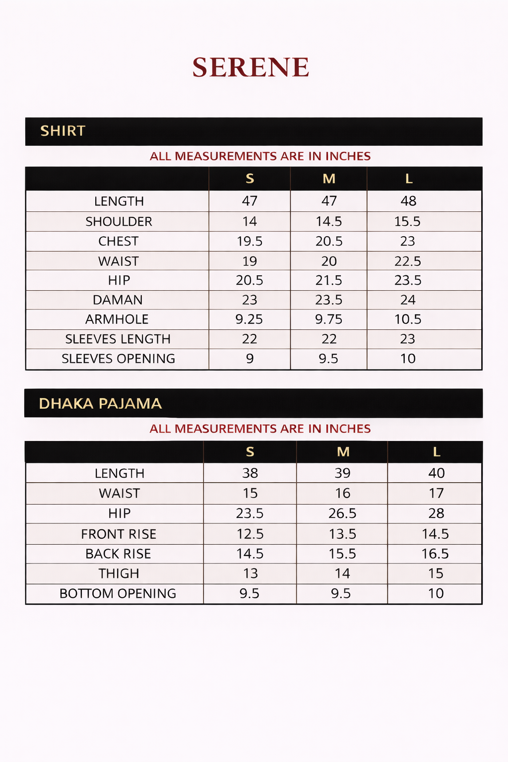 Size chart for SARENE – Embroidered Raw Silk Set