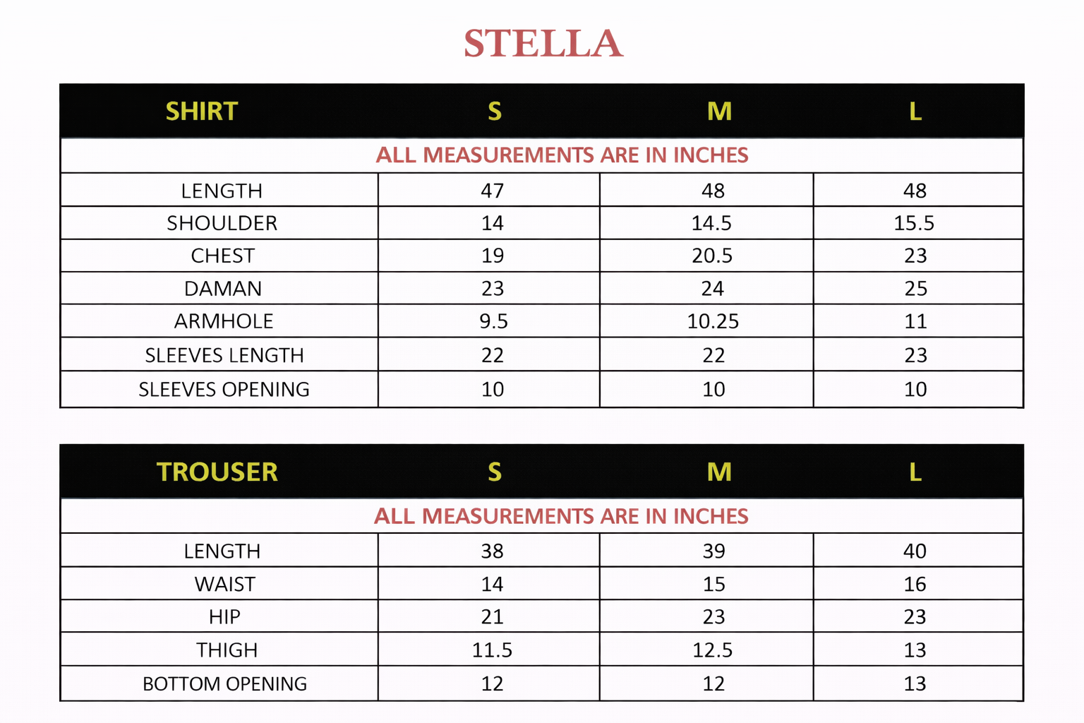 Size chart for STELLA – Printed Charmeuse Silk Co-Ord Set