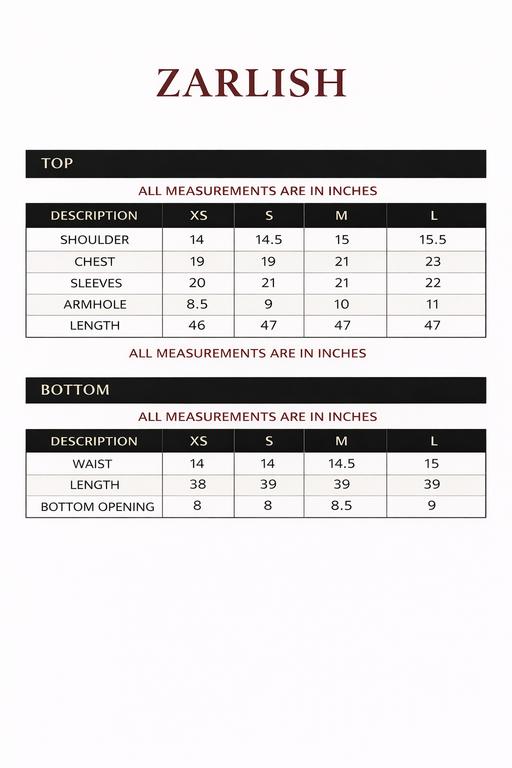 Size chart for Zarlish – Embroidered Shisha Silk Kaftan Set with Dupatta
