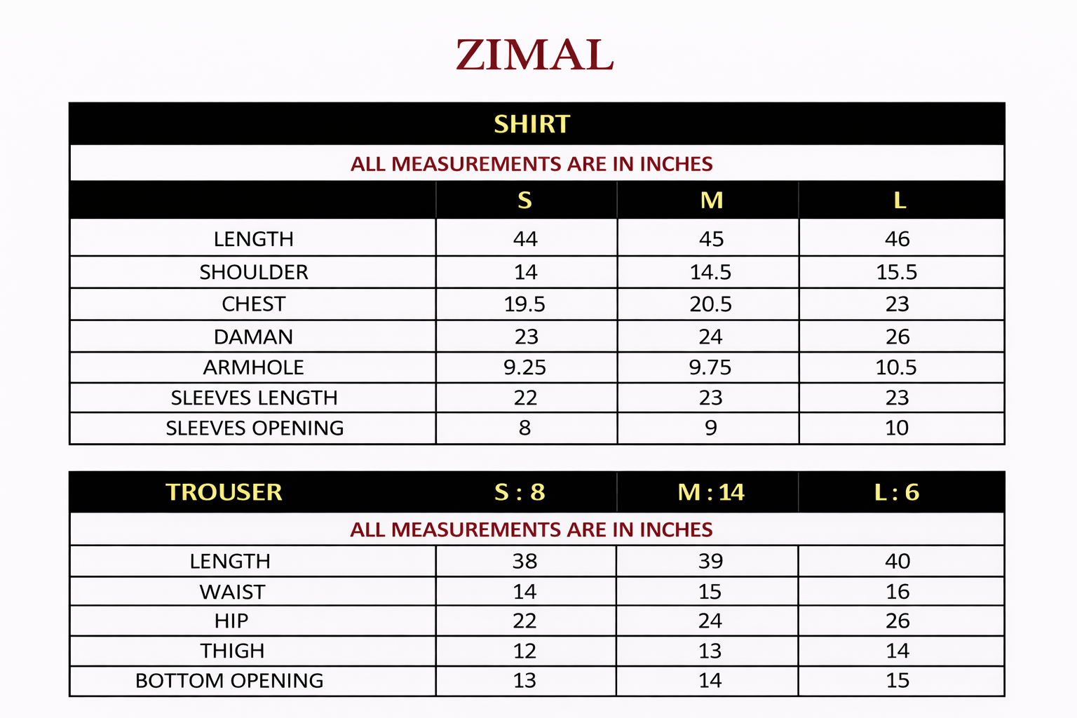 Size chart for Zimal – Embroidered Cambric Set with Keyhole Sleeves