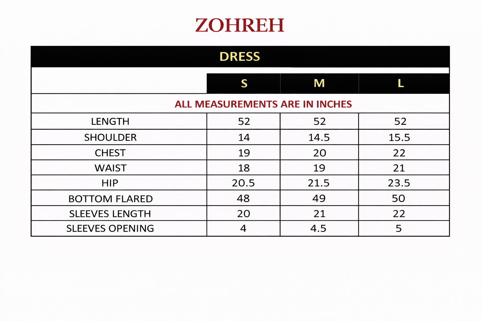 Size chart for Zohreh Maxi – Printed Charmeuse Dress