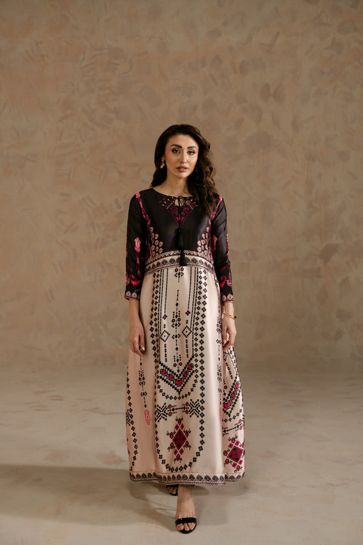 Elegant printed Charmeuse maxi dress for women by Zehnaz