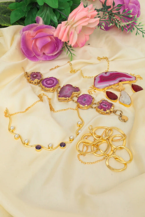 Agate Amethyst Gold-Plated Boho Jewellery Set