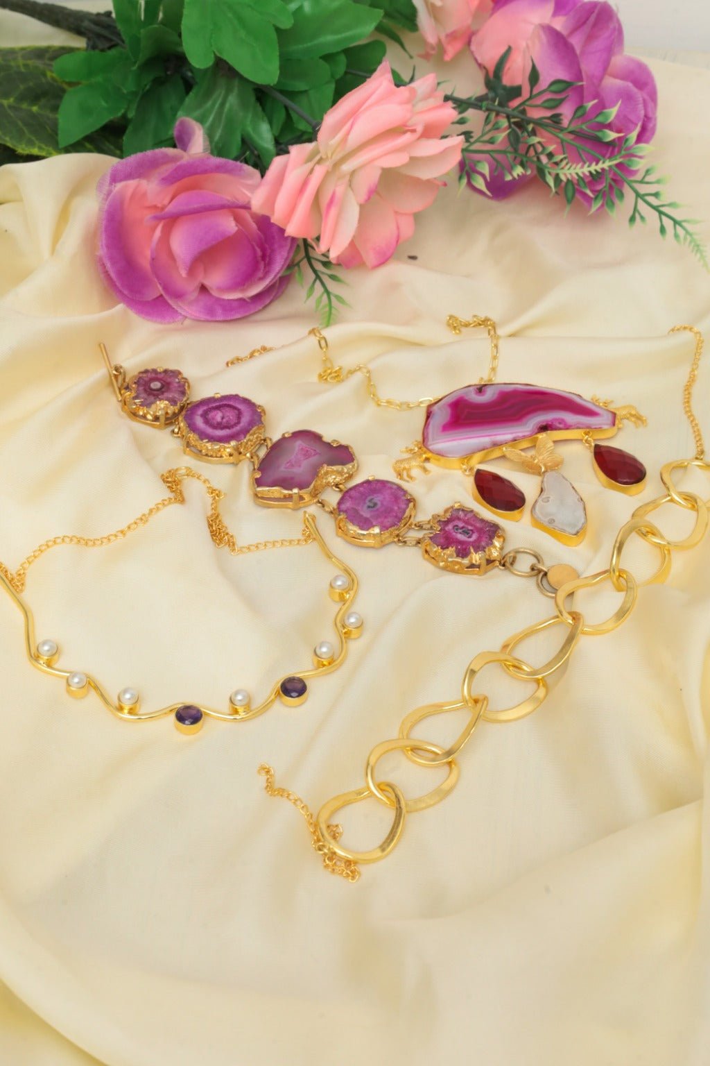 Agate Amethyst Gold - Plated Boho Jewellery Set - Zehnaz.ae
