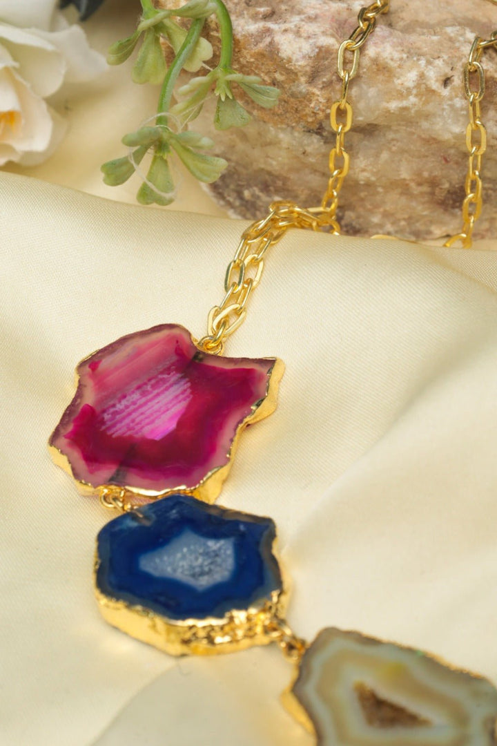 Agate Slice Statement Necklace – Multicolor Gold - Plated Boho Necklace - Zehnaz.ae