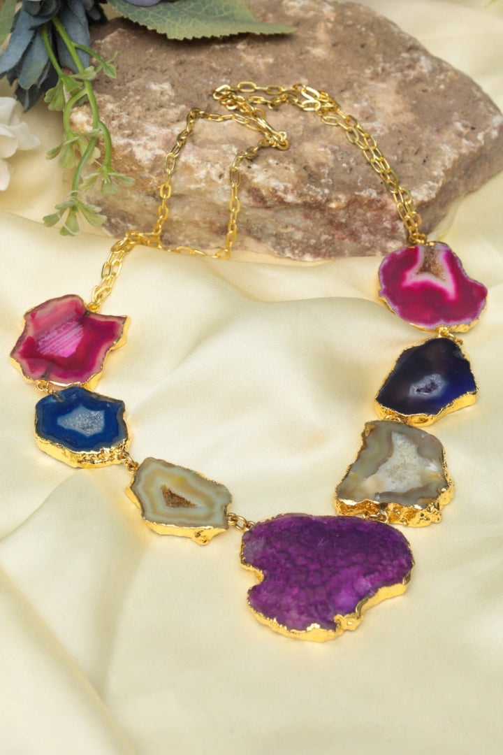Agate Slice Statement Necklace – Multicolor Gold - Plated Boho Necklace - Zehnaz.ae