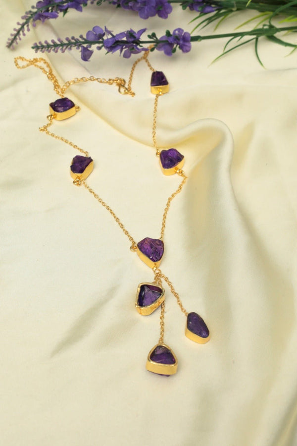 Amethyst Drop Necklace – Gold - Toned Raw Gemstone Statement Jewelry - Zehnaz.ae