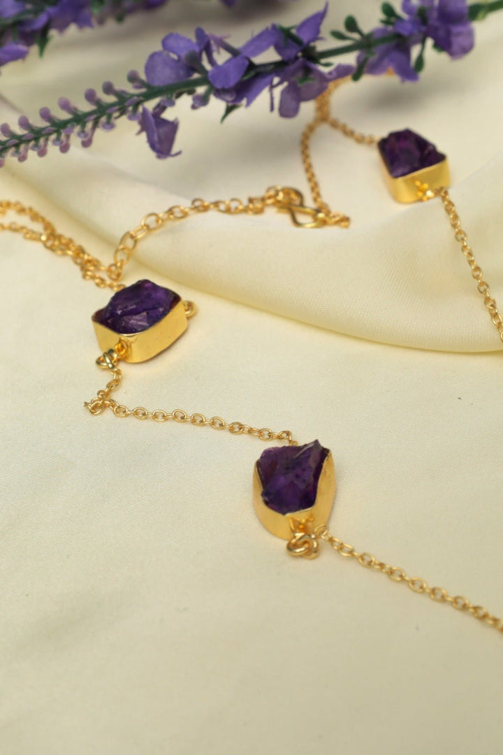 Amethyst Drop Necklace – Gold - Toned Raw Gemstone Statement Jewelry - Zehnaz.ae