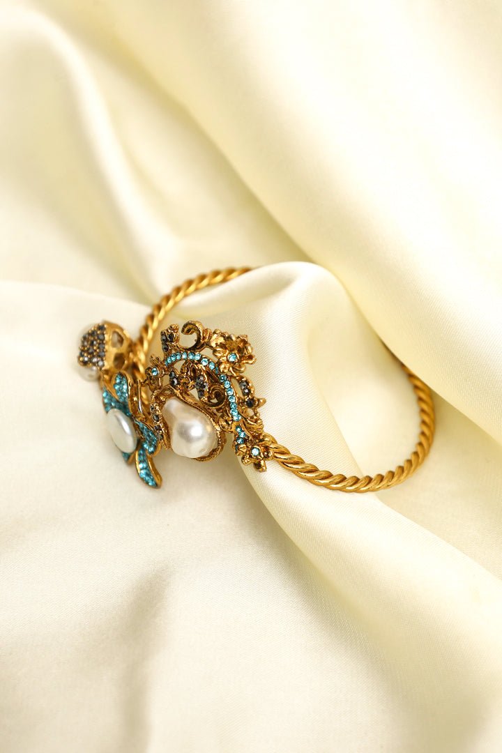Azure Floral Cuff Bracelet with Pearls & Blue Stones - Zehnaz.ae