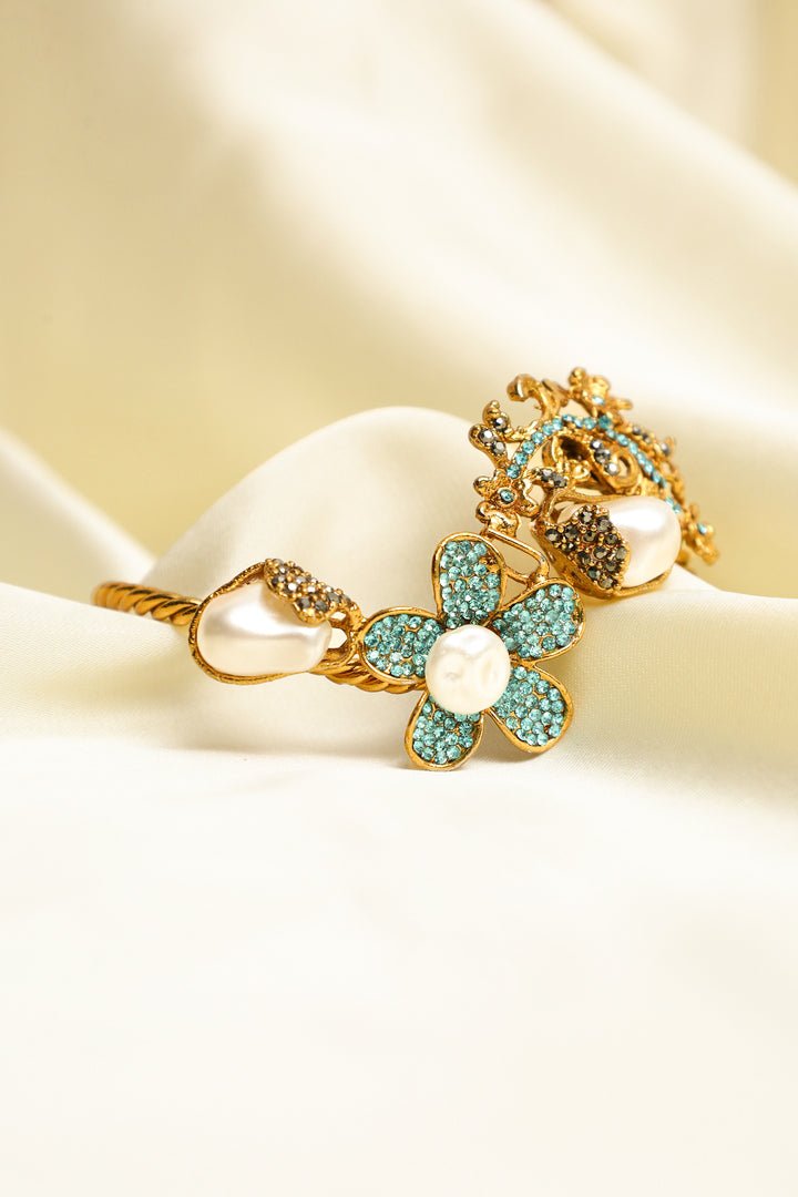 Azure Floral Cuff Bracelet with Pearls & Blue Stones - Zehnaz.ae