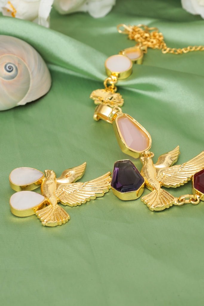 Bird Gem Necklace – Gold - Plated Statement Jewelry with Multi - Colored Stones - Zehnaz.ae