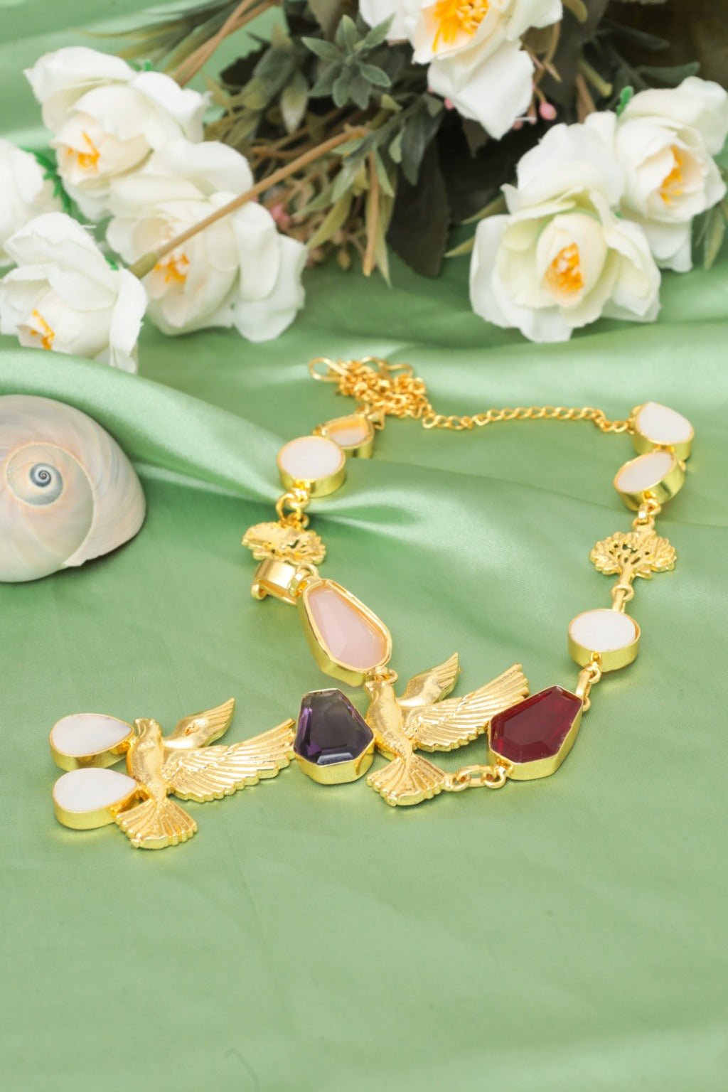Bird Gem Necklace – Gold - Plated Statement Jewelry with Multi - Colored Stones - Zehnaz.ae