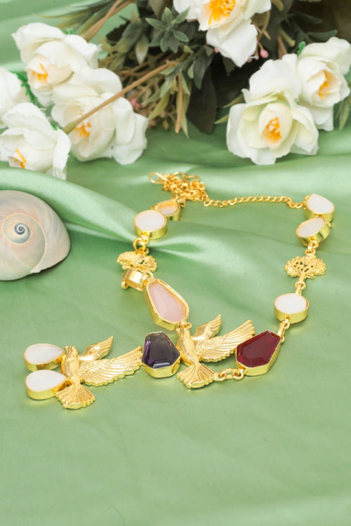 Bird Gem Necklace – Gold-Plated Statement Jewelry with Multi-Colored Stones