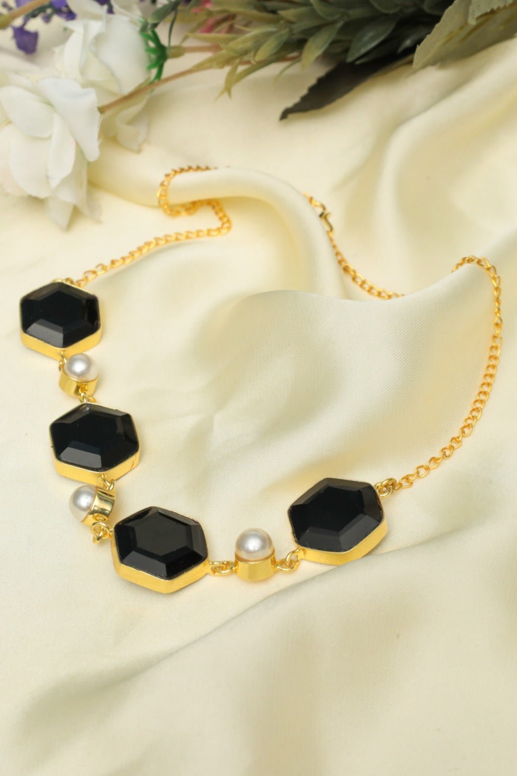 Black Hexagon & Pearl Chain Necklace – Gold - Tone Statement Jewelry - Zehnaz.ae