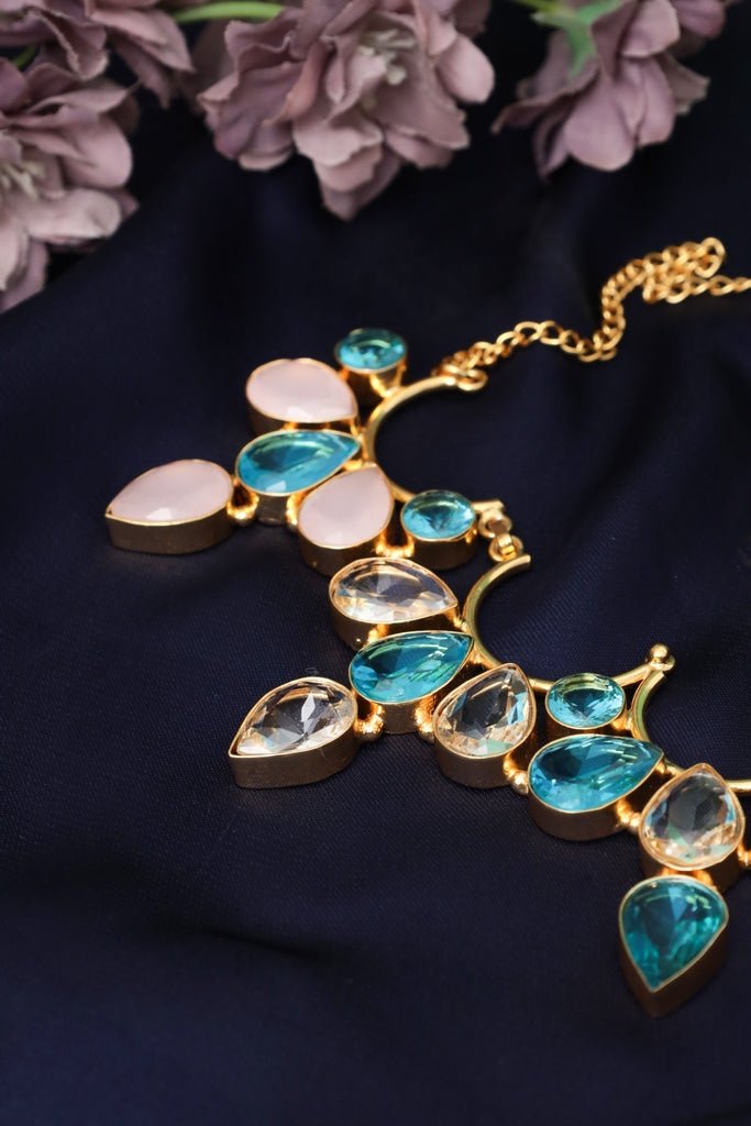 Blue Gold Necklace – Gold - Plated Floral Statement Jewelry - Zehnaz.ae