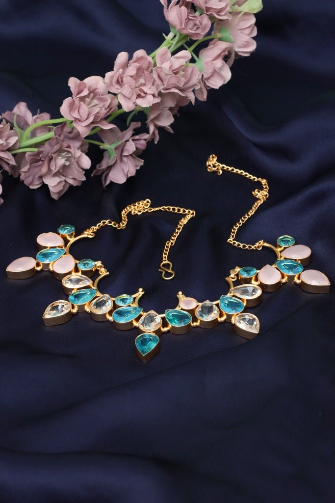 Blue Gold Necklace – Gold - Plated Floral Statement Jewelry - Zehnaz.ae