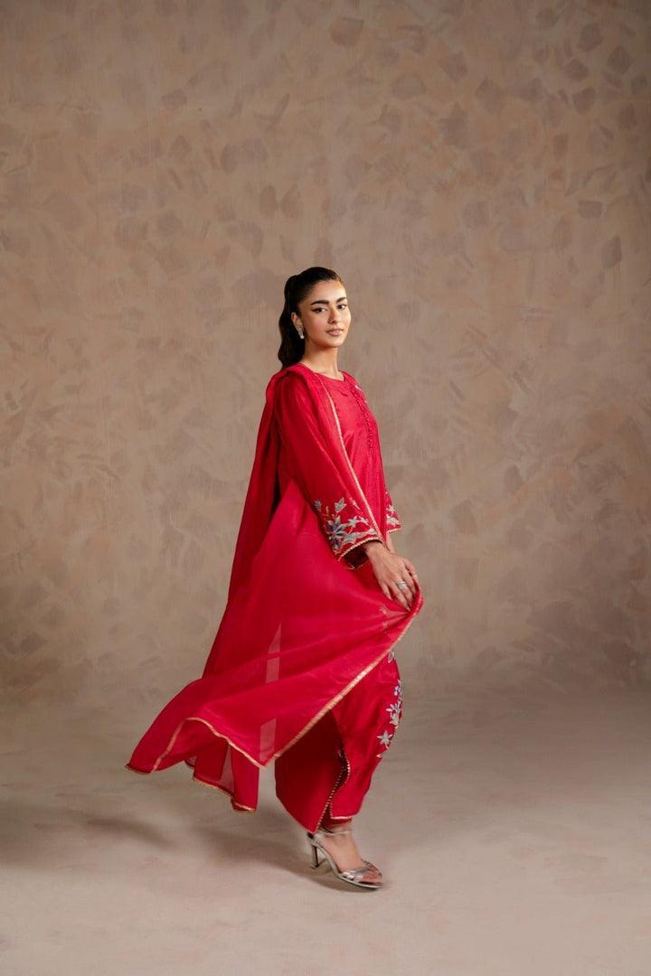 Carmine – Embroidered Russian Raw Silk 3 Piece Suit - Zehnaz.ae