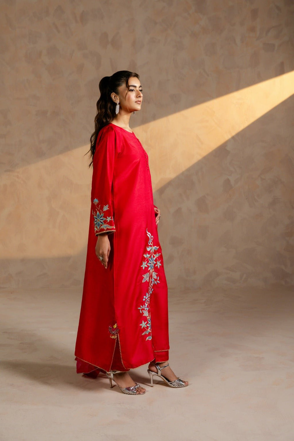 Carmine – Embroidered Russian Raw Silk 3 Piece Suit - Zehnaz.ae