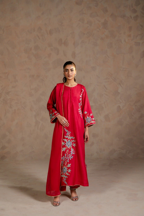 Carmine – Embroidered Russian Raw Silk 3 Piece Suit - Zehnaz.ae