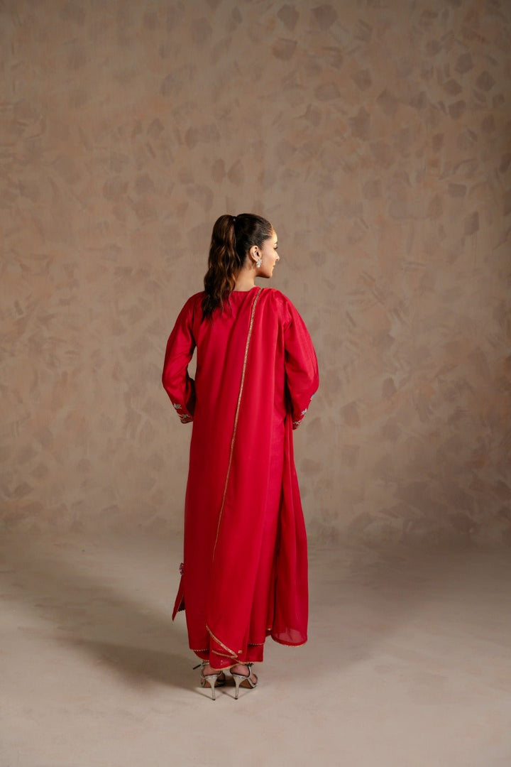 Carmine – Embroidered Russian Raw Silk 3 Piece Suit - Zehnaz.ae