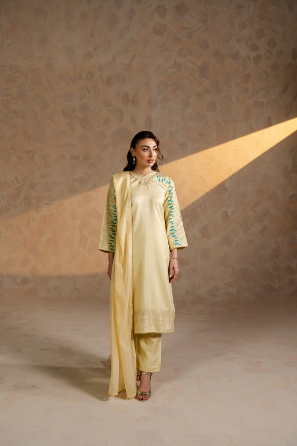 Celeste – Embroidered Raw Silk 3 Piece Suit - Zehnaz.ae