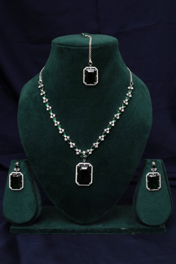 Emerald Style Green & Black Silver - Plated American Diamond Jewellery Set - Zehnaz.ae