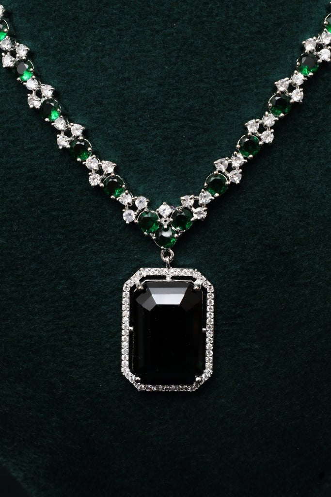 Emerald Style Green & Black Silver - Plated American Diamond Jewellery Set - Zehnaz.ae