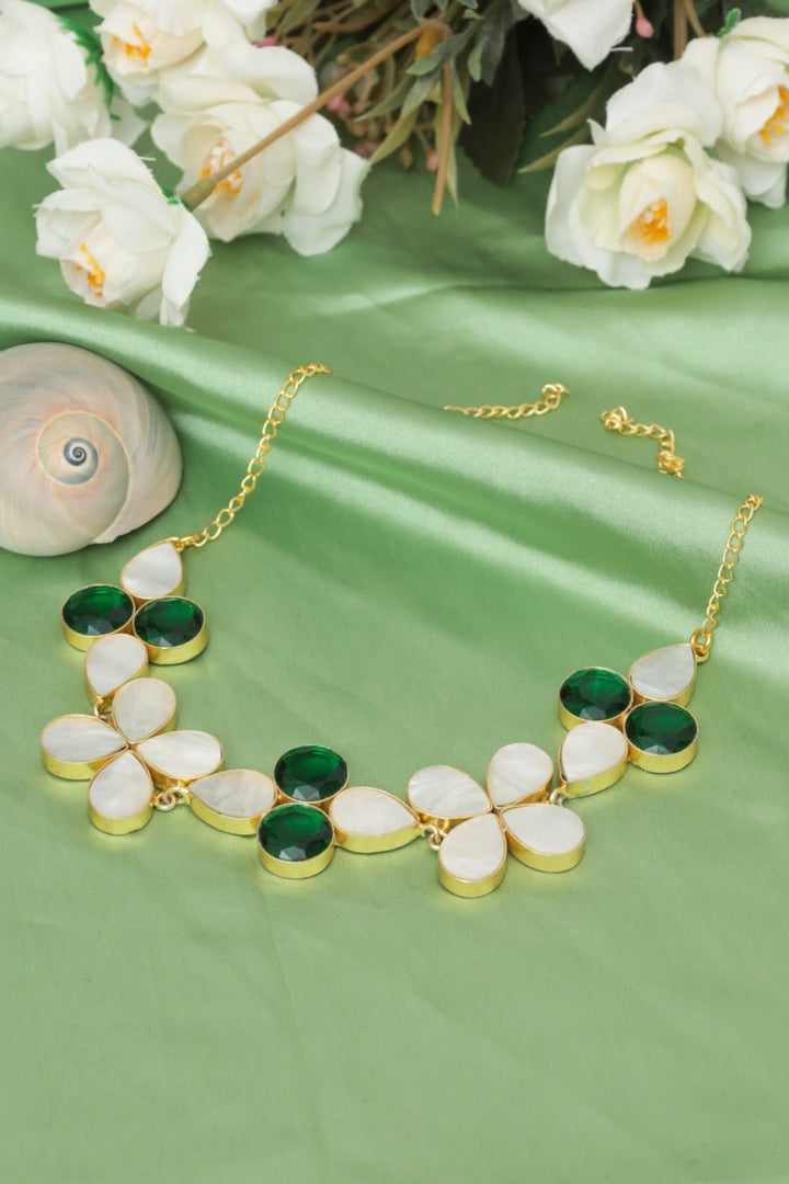 Floral Gem Necklace – Gold - Plated Mother - of - Pearl & Green Quartz Jewelry - Zehnaz.ae