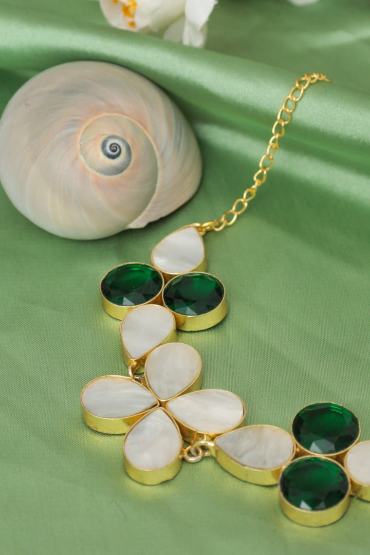 Floral Gem Necklace – Gold - Plated Mother - of - Pearl & Green Quartz Jewelry - Zehnaz.ae