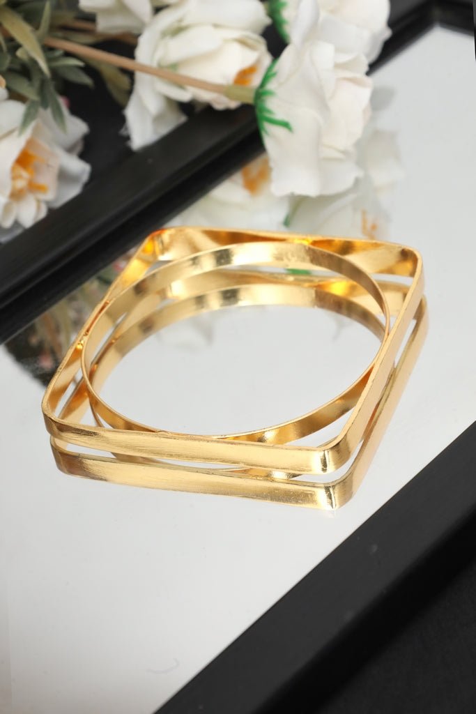 Geometric Gold Tone Bangle – Minimalist Round & Square Design - Zehnaz.ae