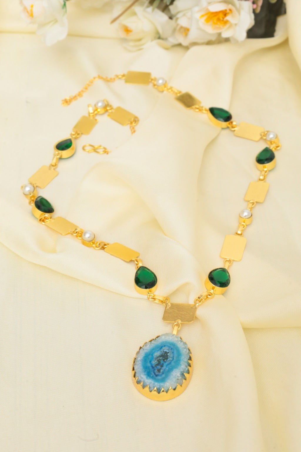 Gertie Agate Necklace – Gold - Plated Statement Jewelry with Blue & Green Stones - Zehnaz.ae