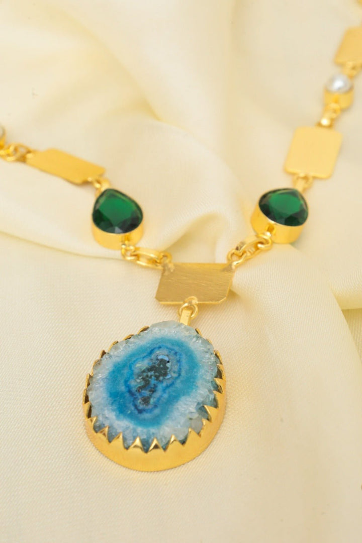Gertie Agate Necklace – Gold - Plated Statement Jewelry with Blue & Green Stones - Zehnaz.ae