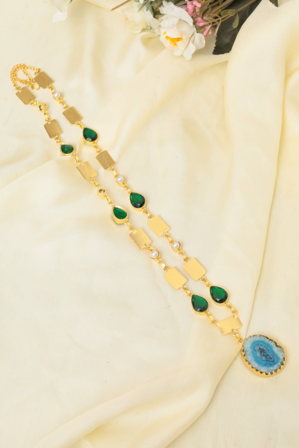 Gertie Agate Necklace – Gold - Plated Statement Jewelry with Blue & Green Stones - Zehnaz.ae
