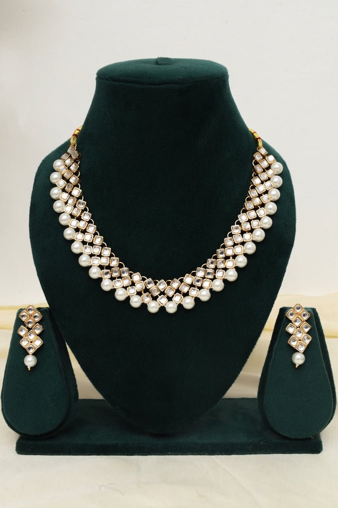 Glimmery Kundan Choker Necklace Set with Pearl Fringe - Zehnaz.ae
