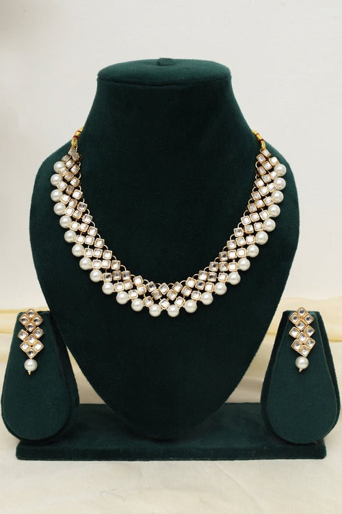 Glimmery Kundan Choker Necklace Set with Pearl Fringe