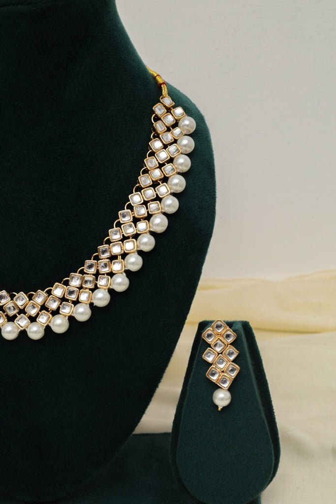Glimmery Kundan Choker Necklace Set with Pearl Fringe - Zehnaz.ae