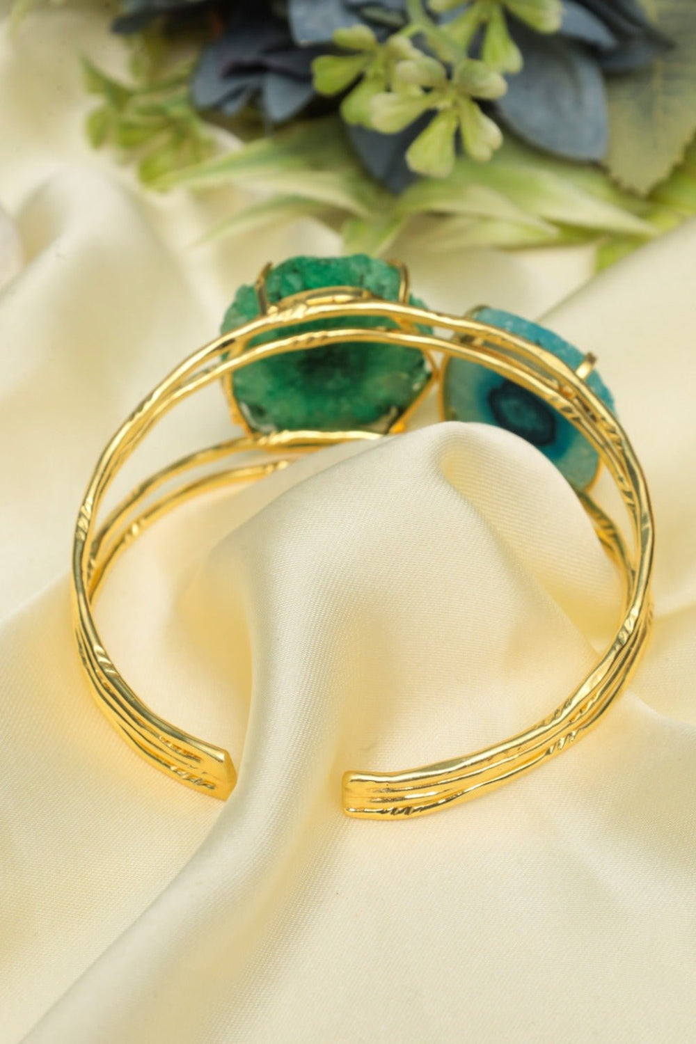 Gold Druzy Agate Double Stone Cuff Bracelet - Zehnaz.ae