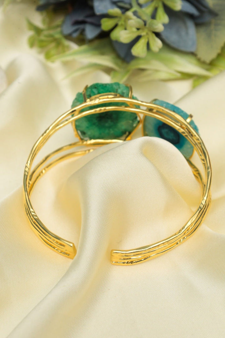 Gold Druzy Agate Double Stone Cuff Bracelet - Zehnaz.ae