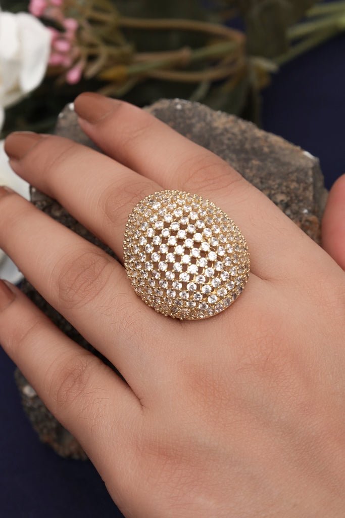Gold Plated Adjustable Dome Ring with Cubic Zirconia - Zehnaz.ae