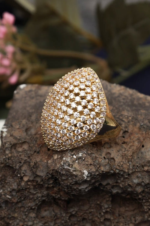 Gold Plated Adjustable Dome Ring with Cubic Zirconia