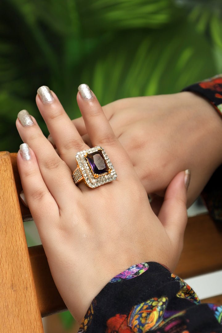 Gold Plated Amethyst Cubic Zirconia Statement Ring - Zehnaz.ae
