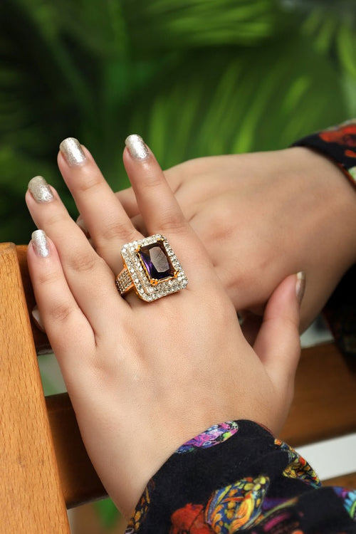 Gold Plated Amethyst Cubic Zirconia Statement Ring