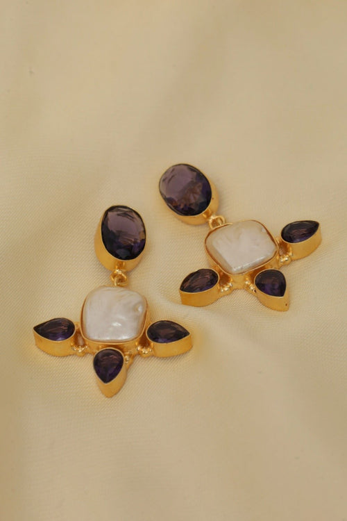 Gold Plated Amethyst Drop Statement Earrings