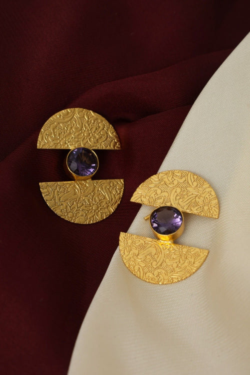 Gold Plated Amethyst Half-Moon Stud Earrings
