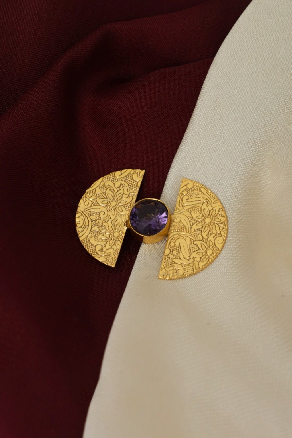 Gold Plated Amethyst Half - Moon Stud Earrings - Zehnaz.ae
